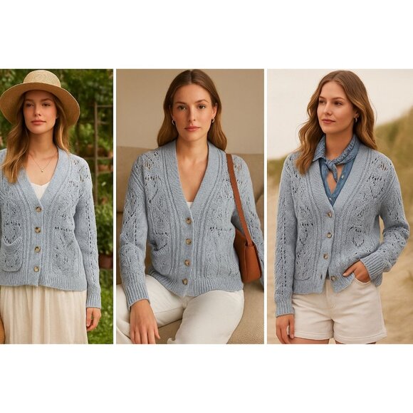 Sundance Women Chunky Knit Cardigan Blue M Crochet Boho Cottagecore Quiet Luxury - Picture 1 of 11